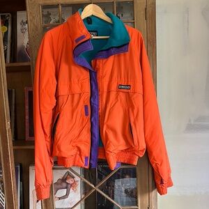 Vibrant Orange Lands’ End Jacket with Purple Accents – Fleece Lined